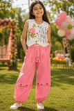 Girls White and Pink Floral Co-Ord Set with Embellished Vest