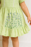 Green Embroidered Frock With Peter Pan Collar & Ruffled Hem For Girls