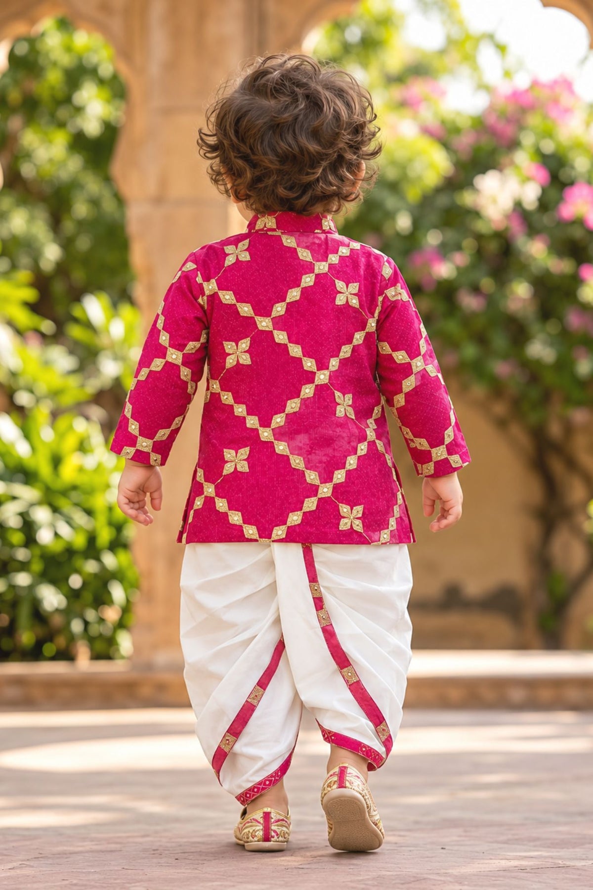 Boys Rani Pink With Gold Geometric Embroidered Kurta Dhoti Set