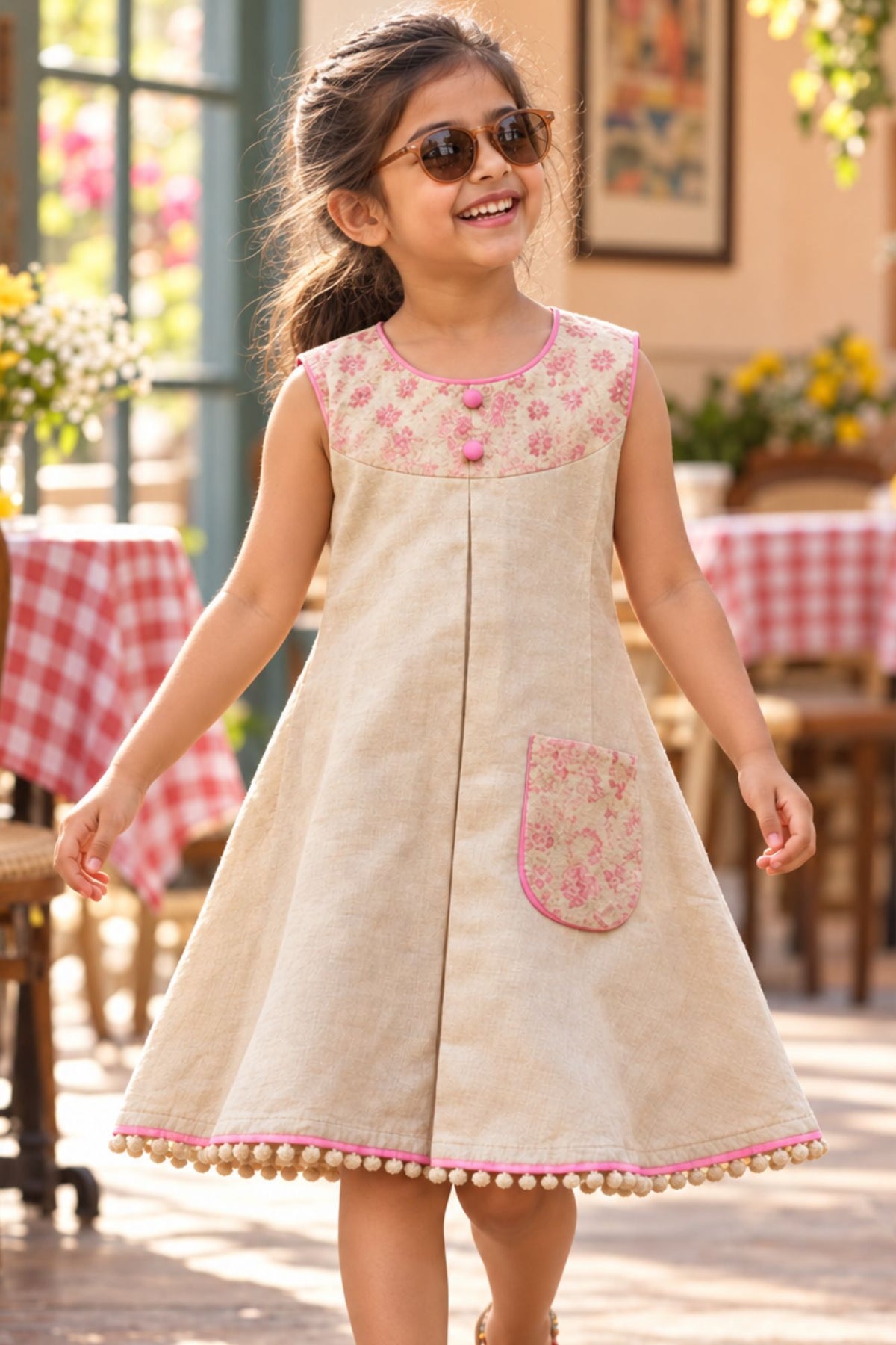 Beige Dress with Embroidered Yoke & Contrast Piping For Girls