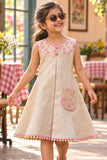 Beige Dress with Embroidered Yoke & Contrast Piping For Girls