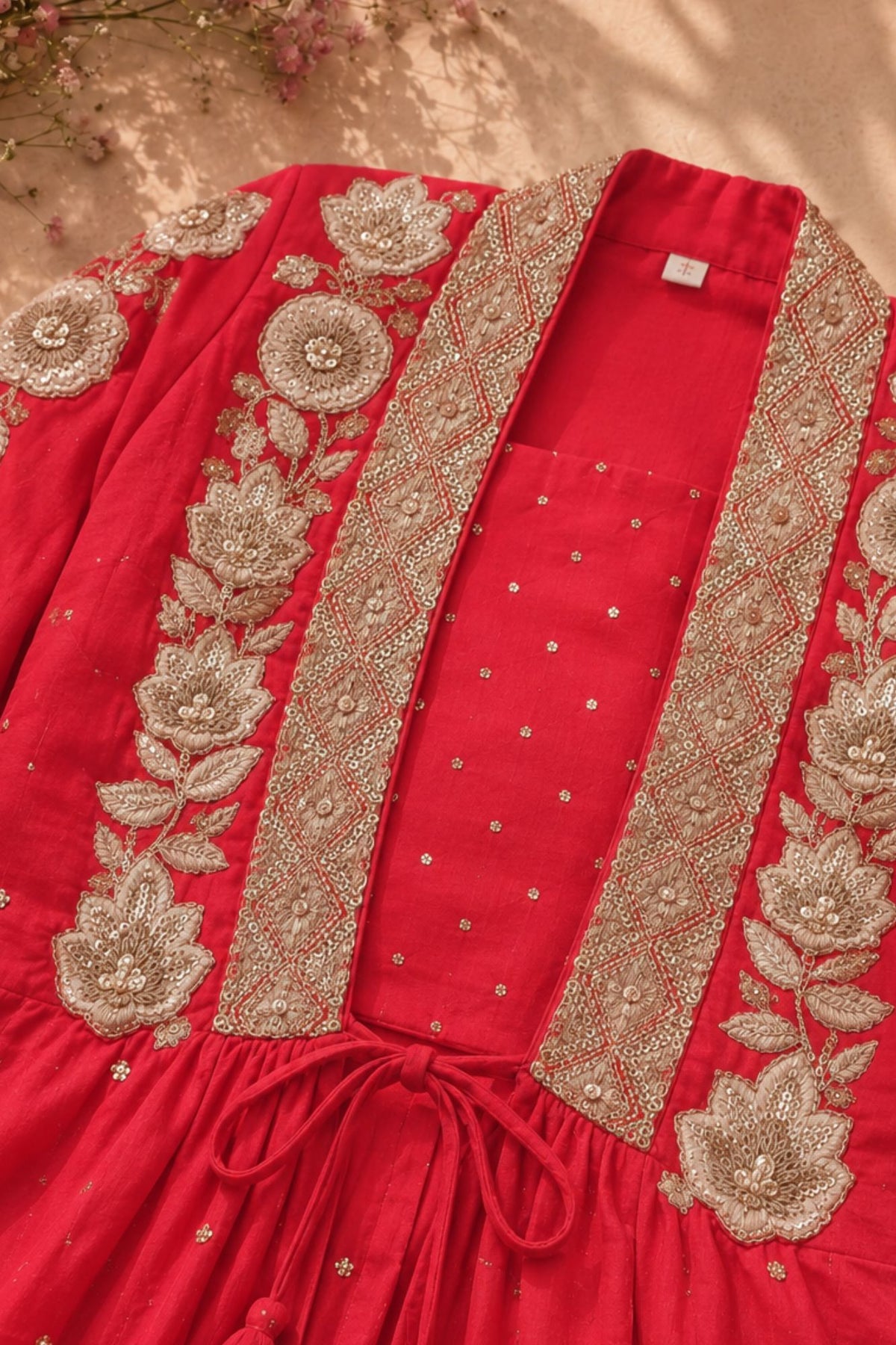 Coral Red And Gold Floral Embroidered Jacket With Embellished Sharara Set