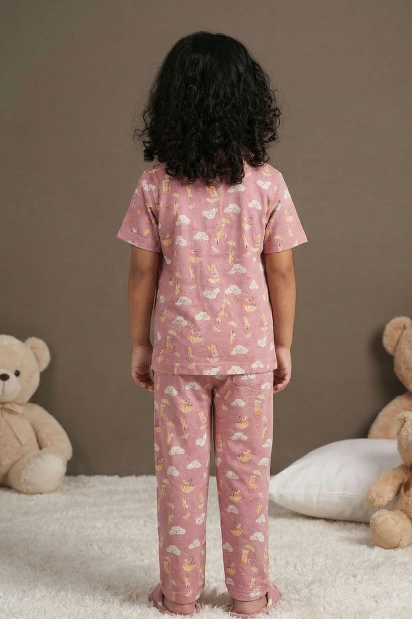 Dusty Pink Unicorn And Cloud Print Night Suit Set For Girls