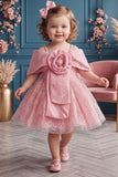 Girls Pink 3D Floral And Sequin Embellished Party Wear Frock