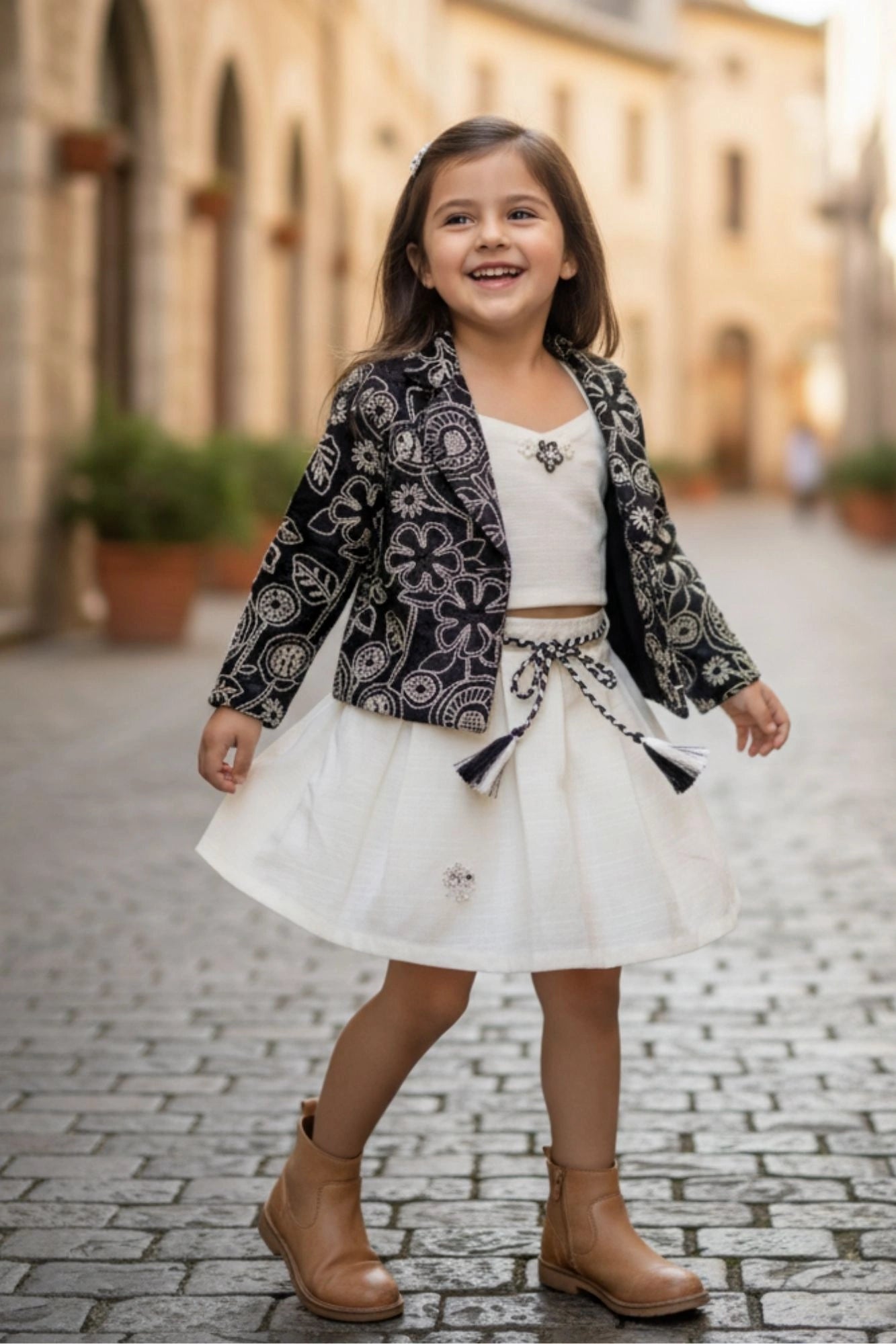 Cream Skirt Set with Black Embroidered Jacket For Girls