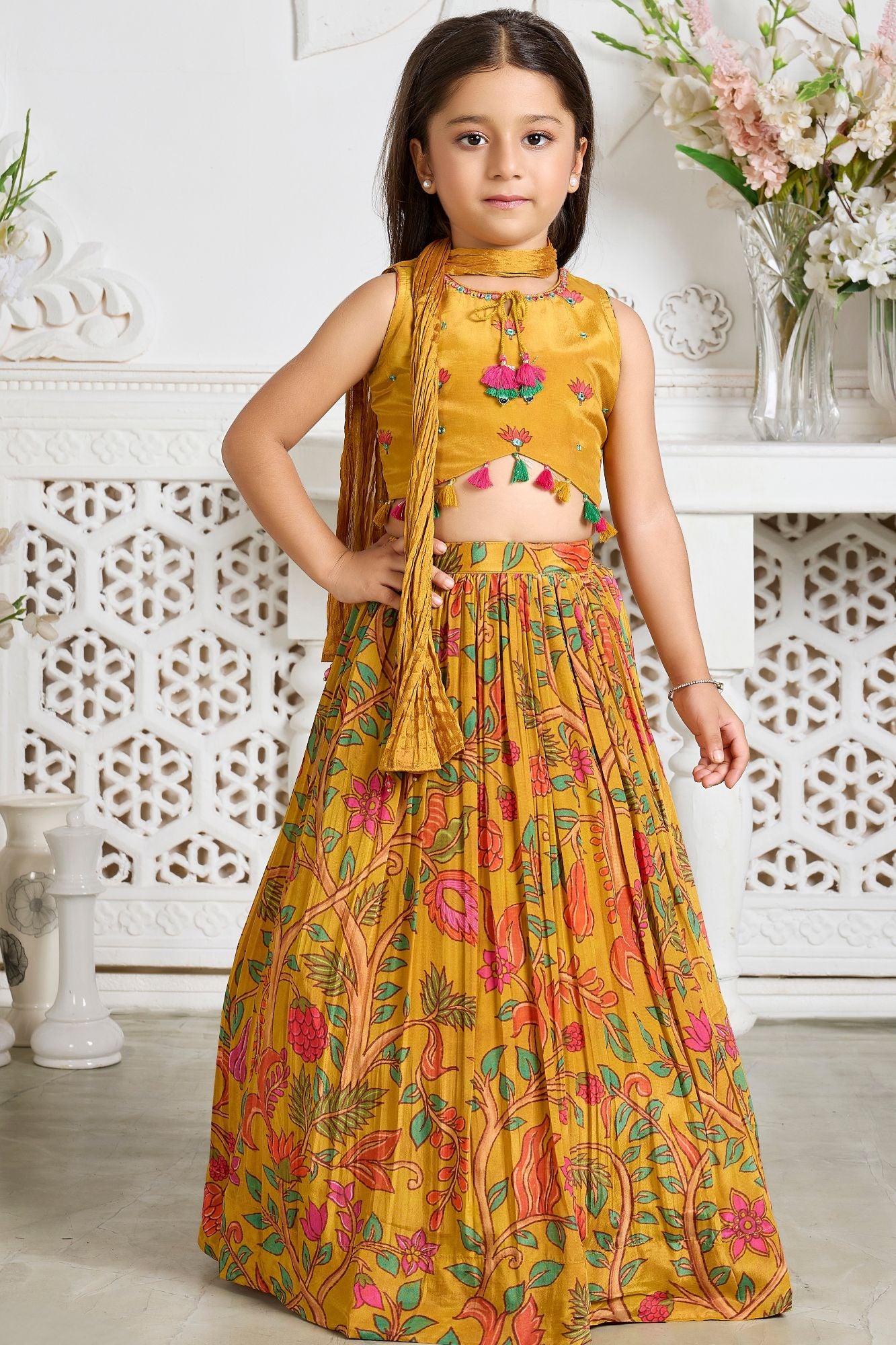 Girls Mustard Yellow Floral Printed Lehenga Choli With Dupatta