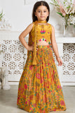Girls Mustard Yellow Floral Printed Lehenga Choli With Dupatta