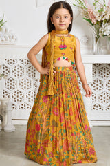 Girls Mustard Yellow Floral Printed Lehenga Choli With Dupatta