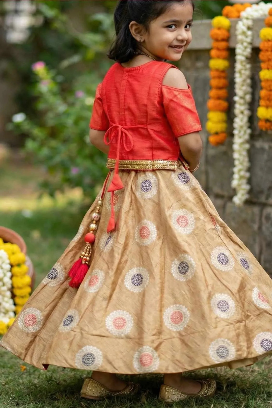 Red Cold-Shoulder Lehenga Choli For Girls