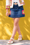 Denim Skirt Set with Embroidered Cream Jacket For Girls