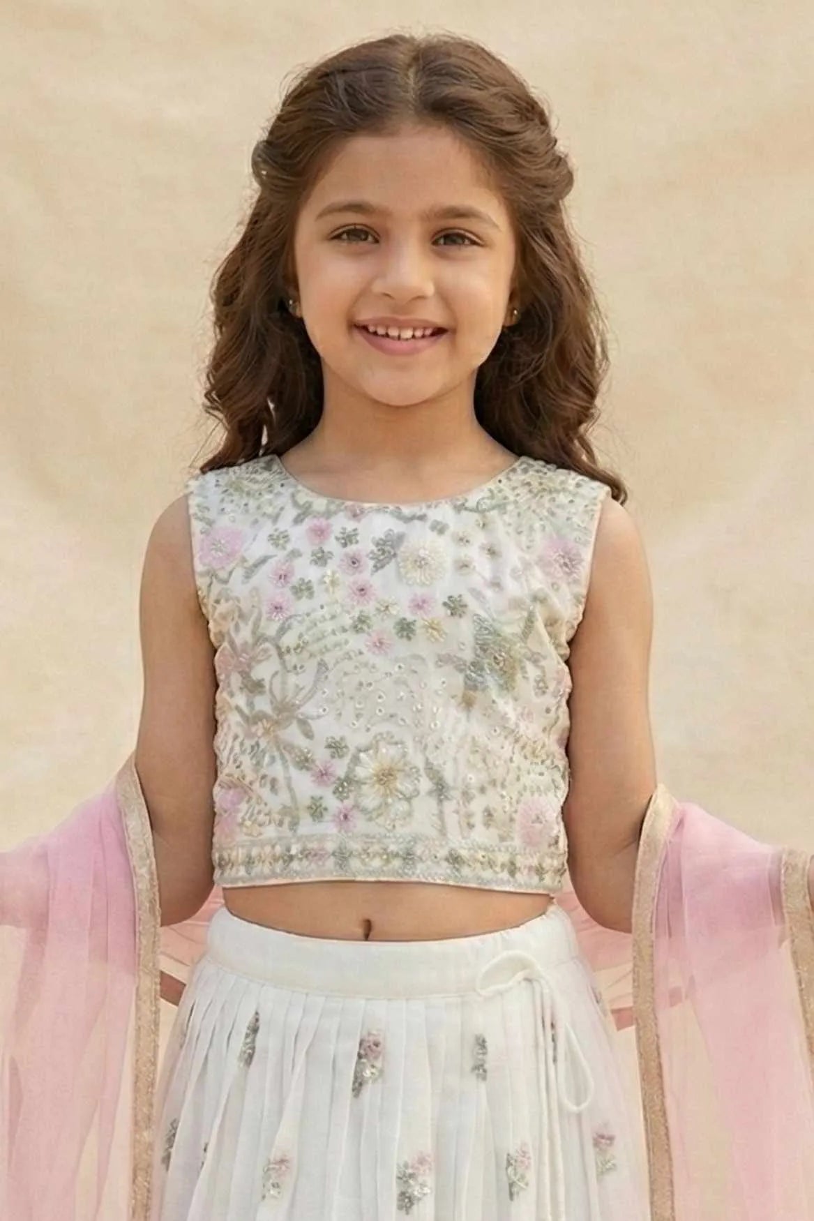 White Floral Embroidered Lehenga Choli with Dupatta For Girls