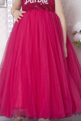 Barbie Sequined Pink Net Gown With Ruffled Sleeves For Girls