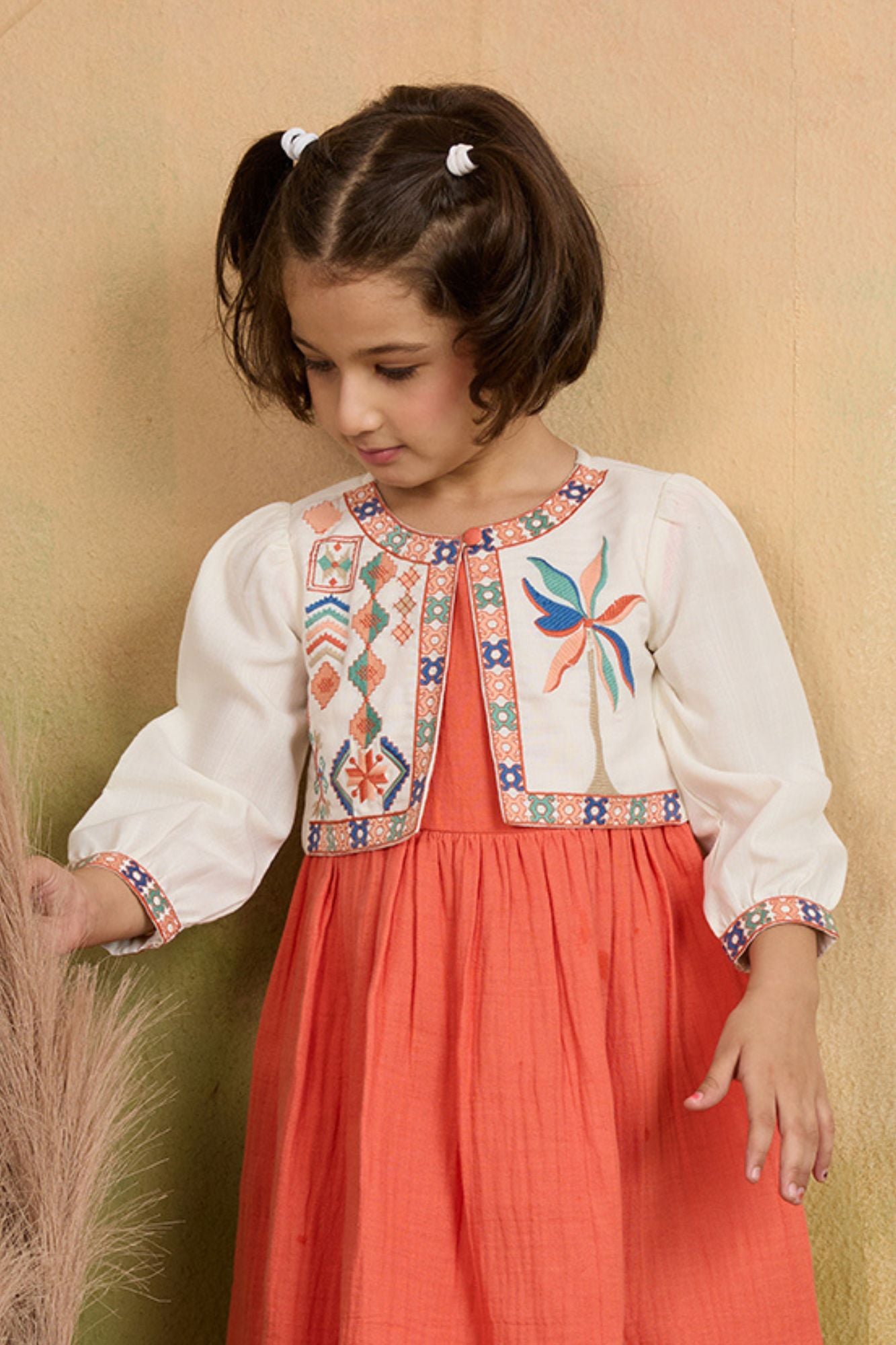 Orange & Ivory Embroidered Dress With Cropped Jacket For Girls
