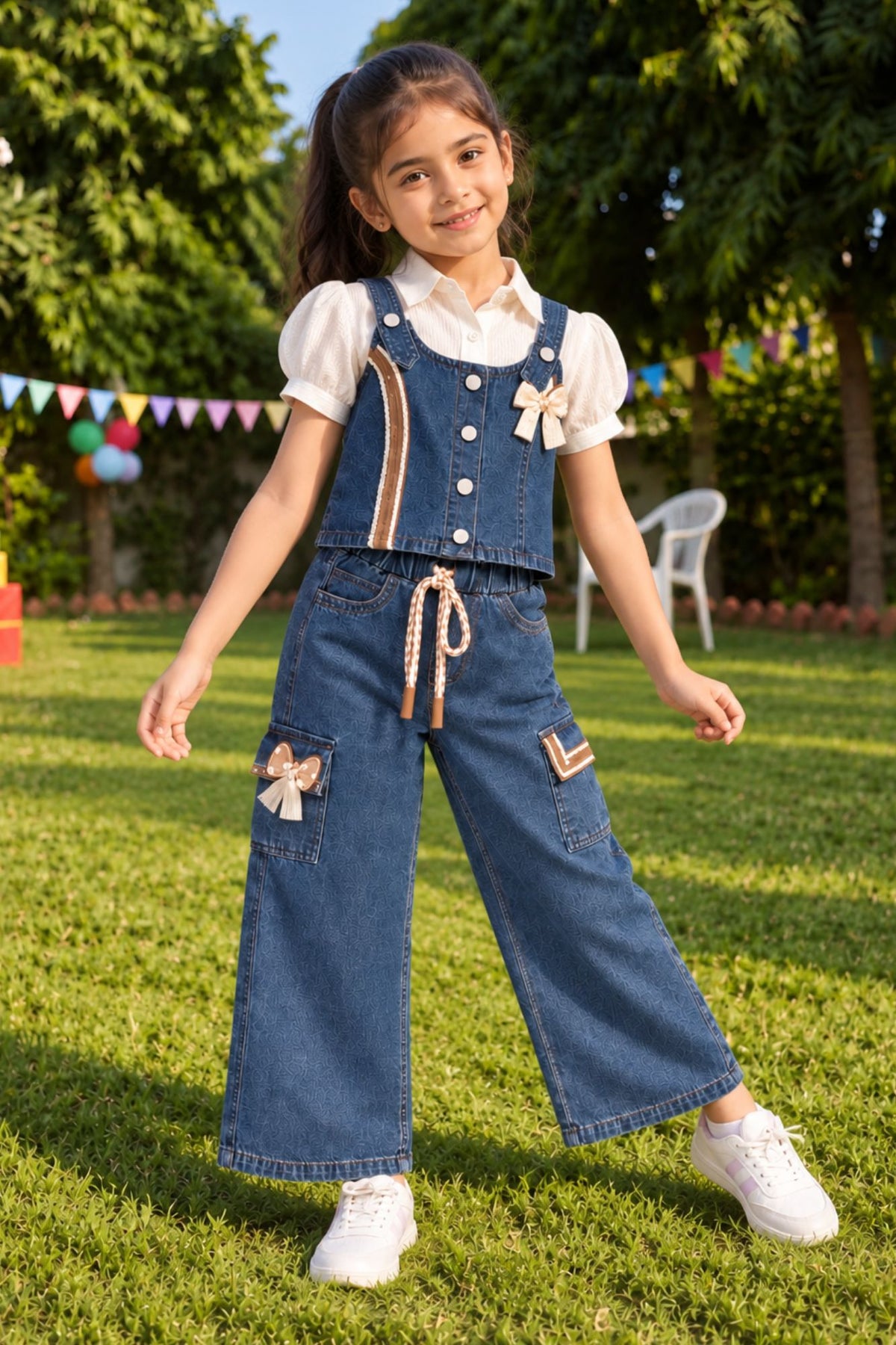 Girls Dark Blue Denim 3 Piece Co-Ord Set With Decorative Bow