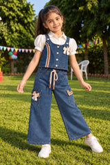 Girls Dark Blue Denim 3 Piece Co-Ord Set With Decorative Bow