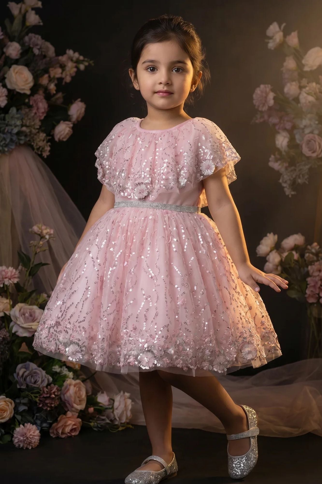 Girls Pink Sequinned Net Party Wear Frock with Floral Embellishments