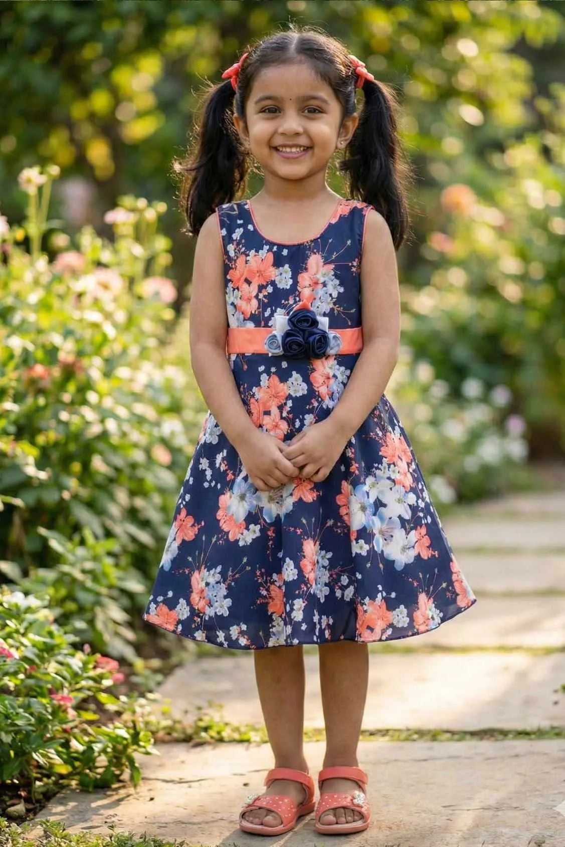 Navy Blue Floral Print Frock For Girls