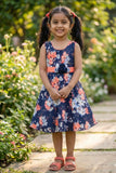 Navy Blue Floral Print Frock For Girls