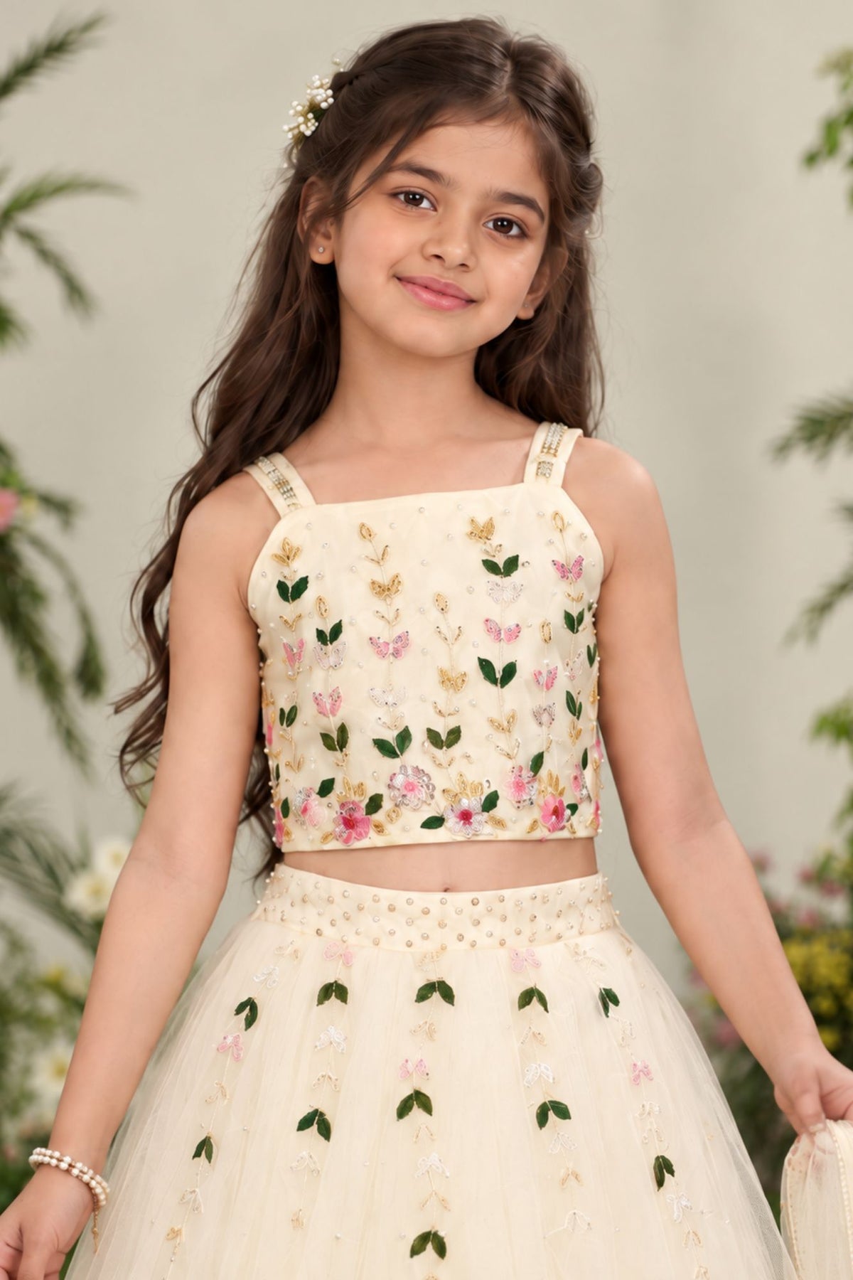 White Embroidered Lehenga Choli Set For Girls