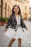 Cream Skirt Set with Black Embroidered Jacket For Girls