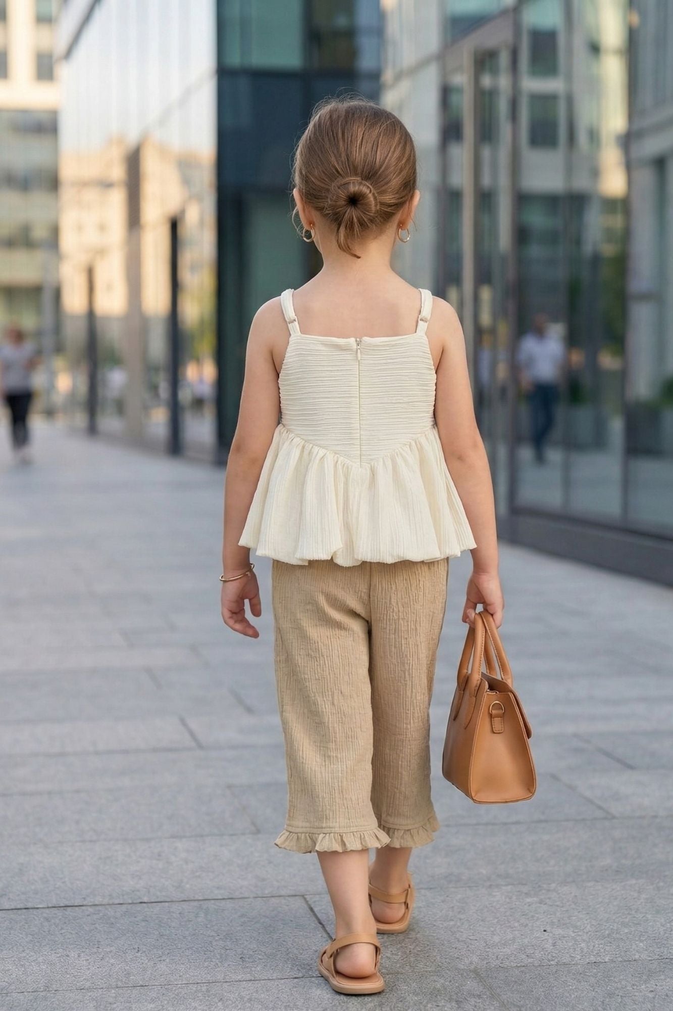 Girls Beige Co-Ord Set – Peplum Top And Wide-Leg Pants
