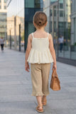 Girls Beige Co-Ord Set – Peplum Top And Wide-Leg Pants