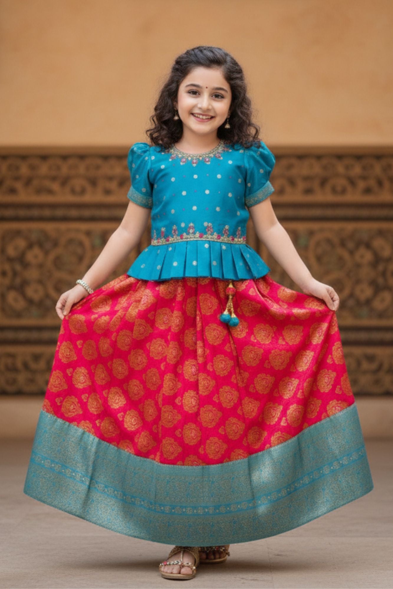 Blue And Rani Pink Embroidered Peplum Pattu Pavadai Set with Zari Work For Girls