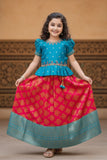 Blue And Rani Pink Embroidered Peplum Pattu Pavadai Set with Zari Work For Girls