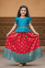 Blue And Rani Pink Embroidered Peplum Pattu Pavadai Set with Zari Work For Girls