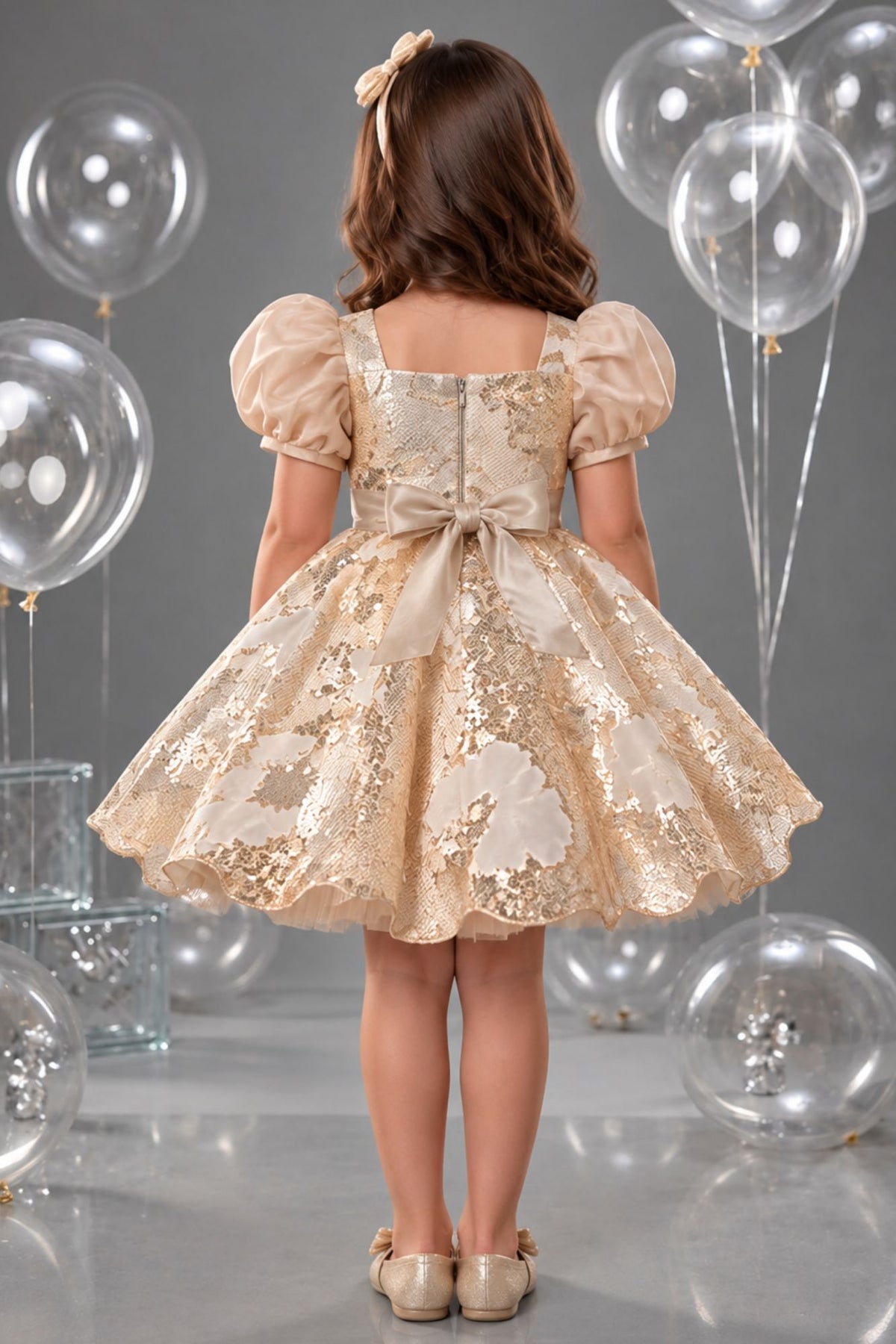 Girls Gold And White Floral  Bow Detail Party Wear Frock