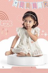 OffWhite Textured Net Frock With Ruffled Sleeves For Girls