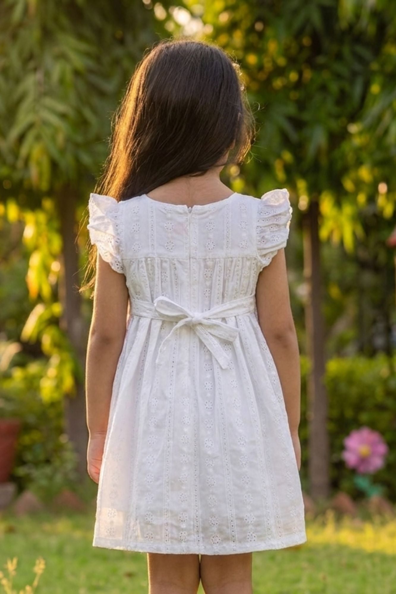 Adorable Girls White Lace Detail A-Line Dress with Ruffle Sleeves