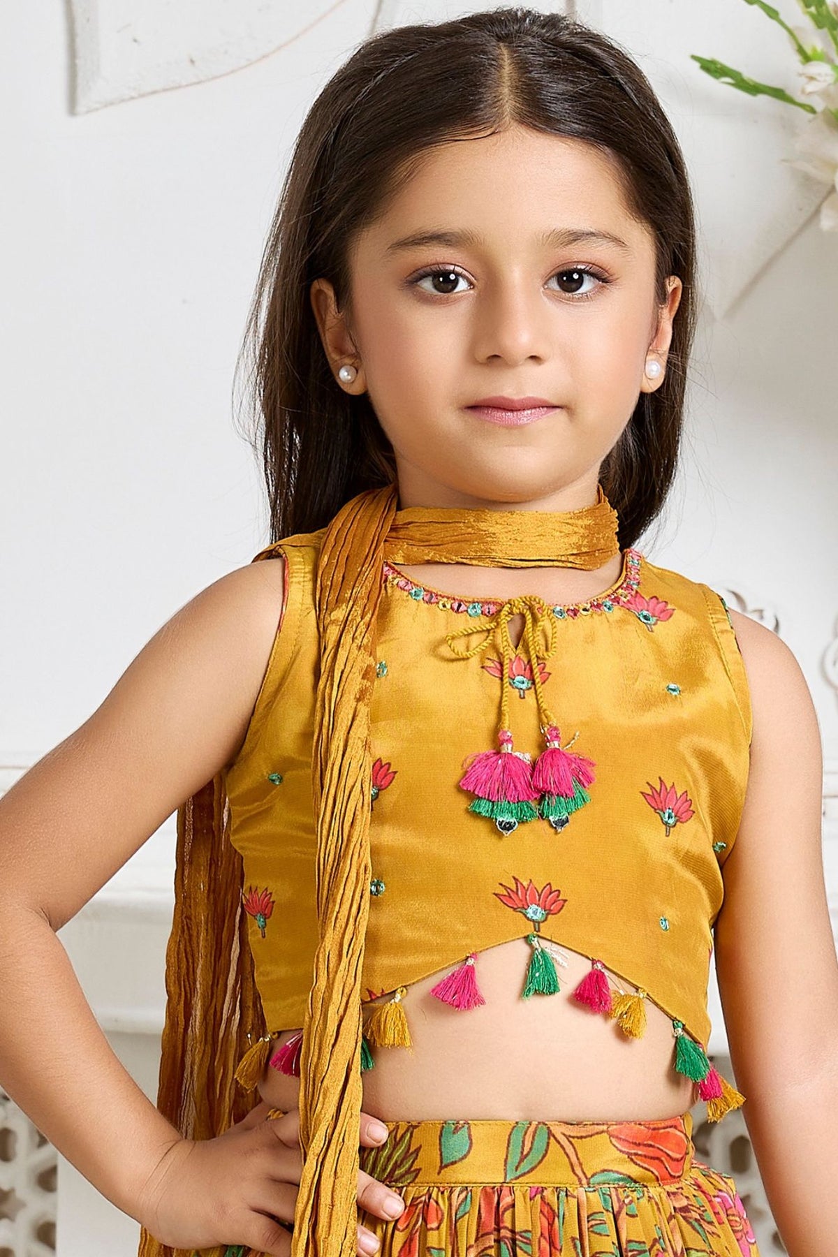 Girls Mustard Yellow Floral Printed Lehenga Choli With Dupatta
