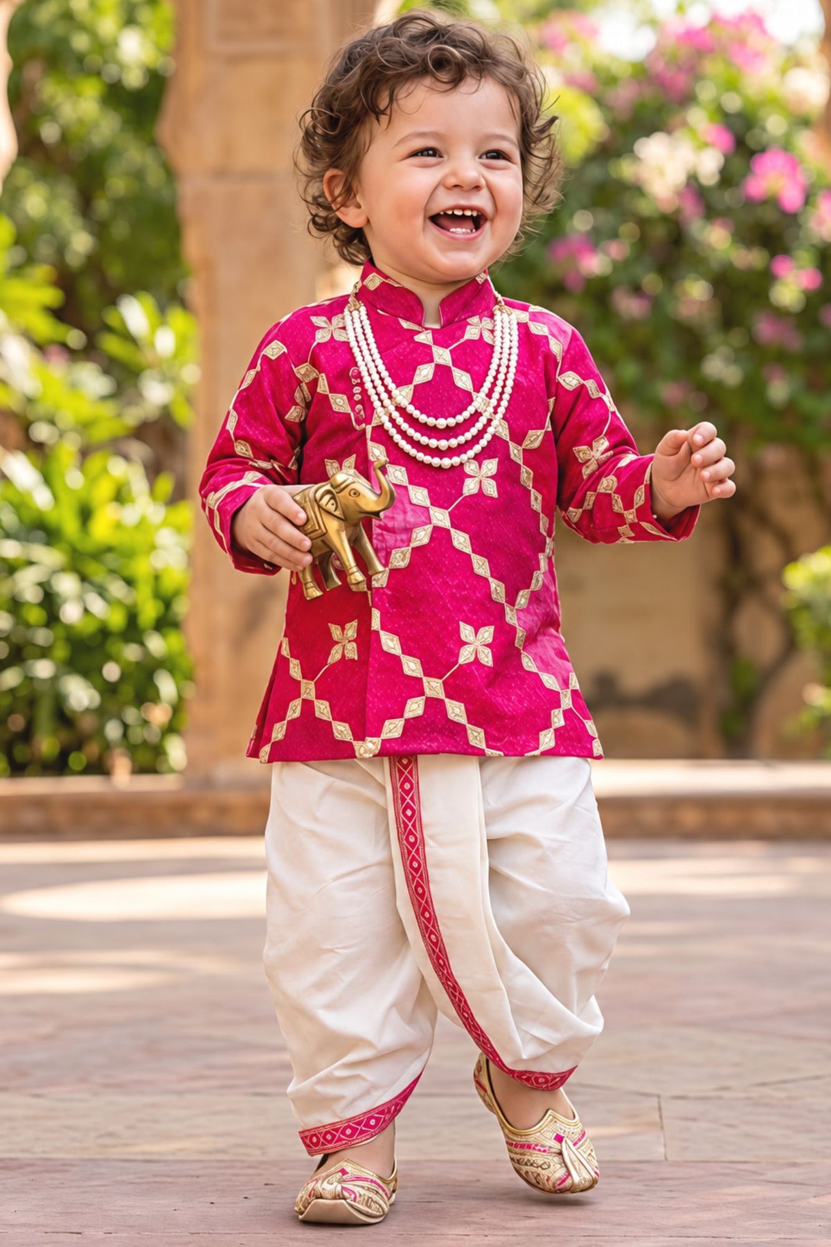 Boys Rani Pink With Gold Geometric Embroidered Kurta Dhoti Set