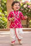 Boys Rani Pink With Gold Geometric Embroidered Kurta Dhoti Set