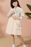 Beige Floral Embroidered Midi Dress with Sling Bag For Girls