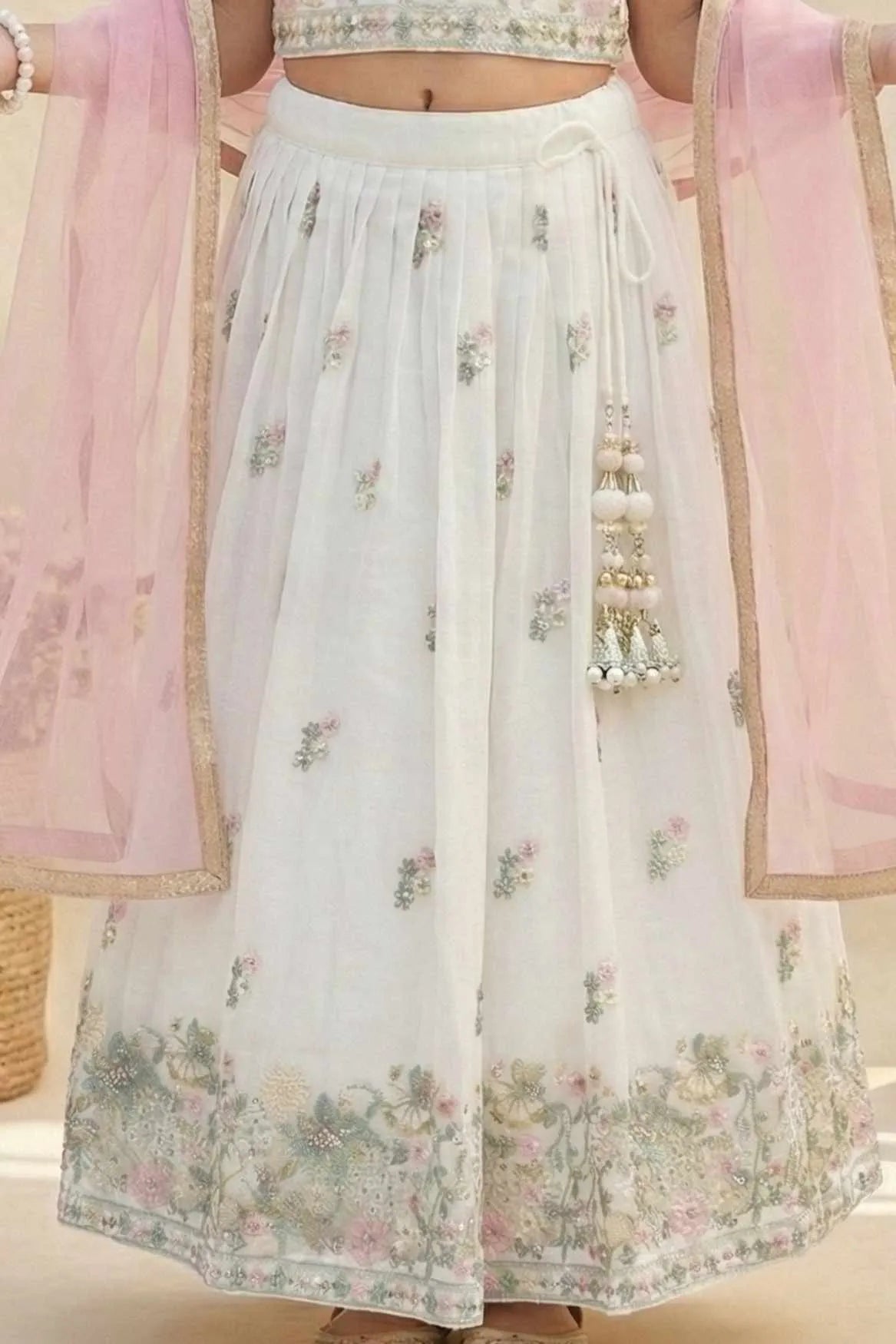 White Floral Embroidered Lehenga Choli with Dupatta For Girls