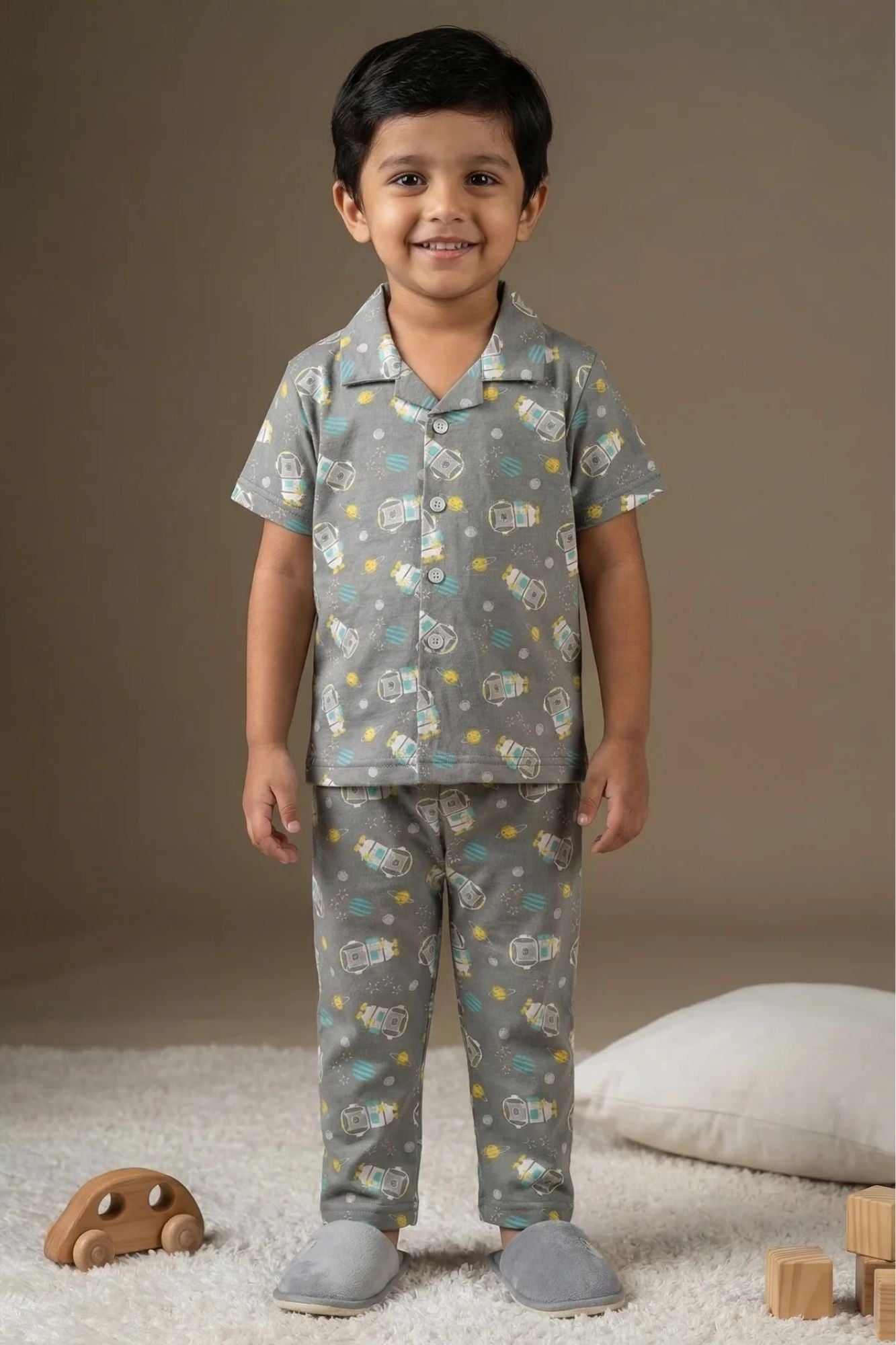 Grey Space Astronaut Print Cotton Night Suit Set For Boys
