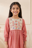 Rust Red Cotton Dress with Multicolor Floral Embroidered Yoke For Girls