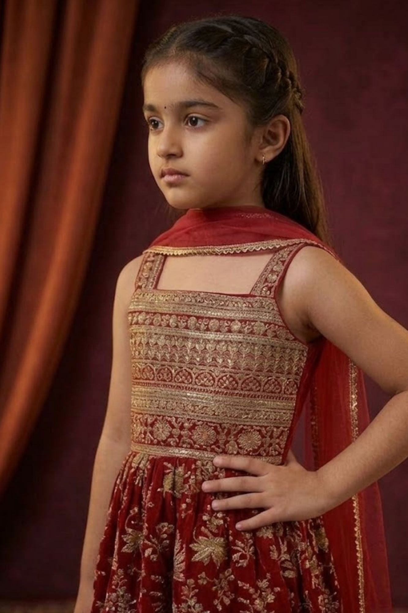 Girls Red Ethnic Kurta Palazzo Set with Dupatta and Traditional Print Detailing