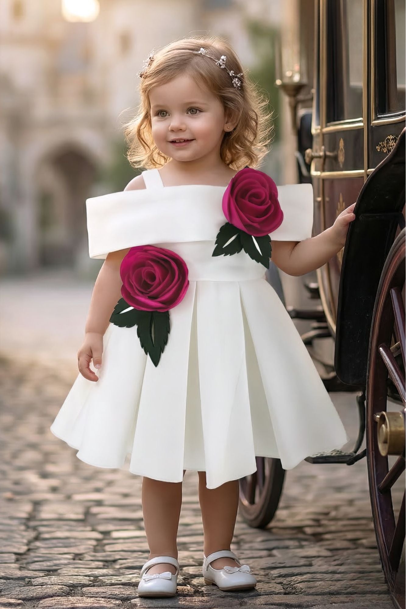 Girls White Party Wear Dress with 3D Rose Applique