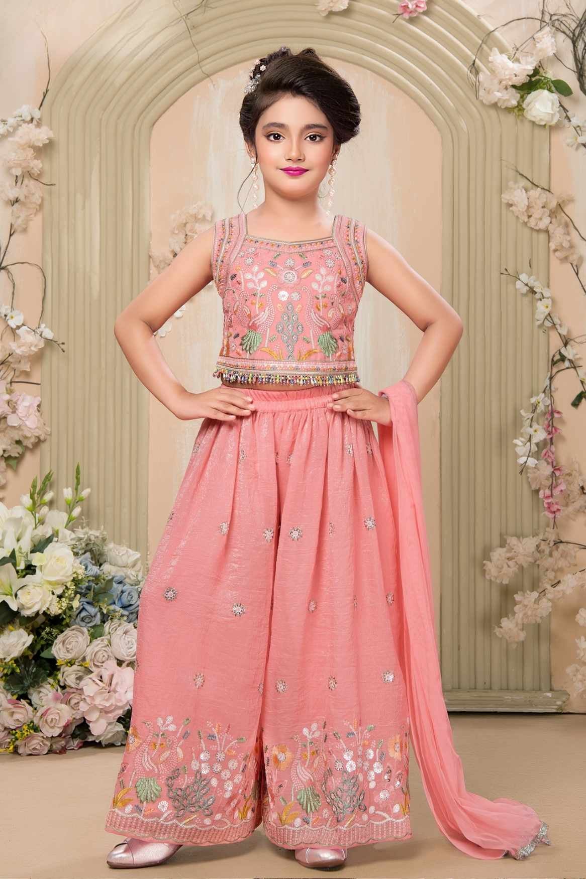 Peach Thread Embroidered Palazzo Set For Girls