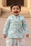 Aqua Blue Geometric Printed Kurta And Dhoti  Set for Boys