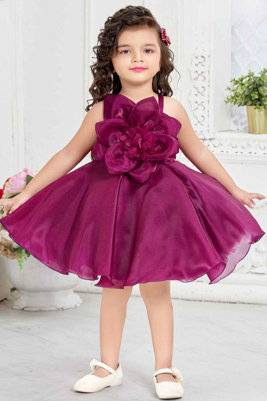 Wine Organza Frock With Floral Embellished For Girls