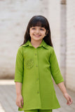 Green Casual Top With Matching Straight Pant Set For Girls