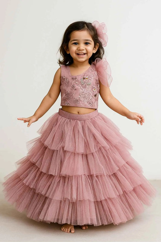 Pink Sequin One-Shoulder Lehenga Choli Set For Girls