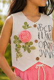 Girls White and Pink Floral Co-Ord Set with Embellished Vest