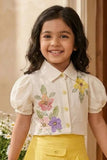 Girls Cream Floral Embroidered Top with Yellow Skorts Set