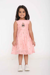 Pink Sleeveless Chanderi Silk Embroidered Frock For Girls