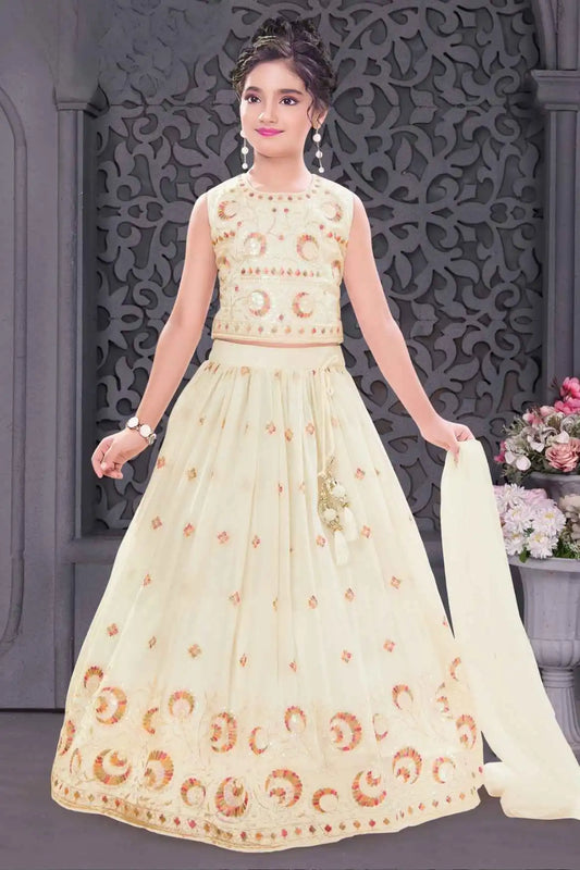 Cream Embroidered Lehenga Choli Set With Sequins Work And Dupatta For Girls